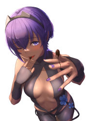 Rule 34 | 1girl, announ (kurotya), bare shoulders, belt, black gloves, black hairband, black leotard, blush, breasts, center opening, chocolate, chocolate on hand, commentary request, dark-skinned female, dark skin, fate/grand order, fate/prototype, fate/prototype: fragments of blue and silver, fate (series), fingerless gloves, fingernails, flower, food on hand, gloves, hair between eyes, hairband, hassan of serenity (fate), highres, leggings, leotard, licking, licking finger, looking at viewer, medium breasts, nail polish, navel, one eye closed, open mouth, purple eyes, purple hair, purple nails, short hair, simple background, solo, white background