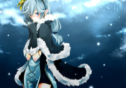 Rule 34 | 1girl, black cape, black dress, black gloves, black hairband, blue background, blue eyes, blue hair, blush, breath, cape, closed mouth, cold, commentary request, cowboy shot, dress, earrings, fur-trimmed cape, fur-trimmed gloves, fur trim, gloves, hairband, high wizard (ragnarok online), jewelry, light blue hair, long hair, looking at viewer, low-tied long hair, own hands together, pointy ears, ragnarok online, short dress, solo, two-tone dress, white dress, yutsuki
