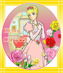 Rule 34 | 00s, 1girl, blonde hair, blue eyes, blunt bangs, character name, dress, elbow gloves, eleanor campbell, flower, framed, gloves, gown, hair flower, hair ornament, hair up, hands on own chest, jewelry, lim, necklace, own hands together, pink dress, pink flower, pink rose, puffy short sleeves, puffy sleeves, red flower, red rose, rose, short hair, short sleeves, solo, victorian romance emma, yellow flower, yellow rose