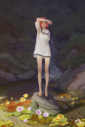 Rule 34 | 1girl, akekarat sumatchaya, arm on own head, barefoot, closed eyes, commentary request, dress, fantasy, feet, flower, full body, grass, landscape, lily pad, lips, lotus, nature, nose, open mouth, original, outdoors, pond, red hair, river, rock, sailor collar, sailor dress, scenery, short dress, short hair, solo, standing, standing on object, toes, water, waterfall, webang111, white dress, wide shot
