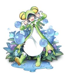Rule 34 | 1girl, ;d, animal hood, beamed eighth notes, black hair, black pantyhose, blue flower, blunt bangs, boots, brown eyes, bubble, dress, flower, frog hood, full body, green footwear, head tilt, highres, hood, hood up, hydrangea, kazana (sakuto), long sleeves, musical note, one eye closed, open mouth, original, pantyhose, pink flower, puddle, raincoat, ripples, rubber boots, shoe soles, short hair, smile, solo, standing, standing on one leg, white background, white dress