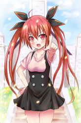 Rule 34 | &gt;:o, 10s, 1girl, :o, casual, date a live, fang, hair ornament, hair ribbon, hand on own hip, himonoata, itsuka kotori, long hair, looking at viewer, petals, pointing, pointing at viewer, red eyes, red hair, ribbon, td, twintails, v-shaped eyebrows