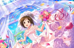 Rule 34 | 10s, 1girl, bare shoulders, blue sky, blush, bouquet, bridal veil, brown hair, day, domyoji karin, dress, earrings, flower, frills, gloves, happy, idolmaster, idolmaster cinderella girls, idolmaster cinderella girls starlight stage, jewelry, looking at viewer, necklace, official art, open mouth, outdoors, petals, pink flower, pink rose, purple flower, purple rose, red eyes, ribbon, rose, short hair, skirt hold, sky, sleeveless, sleeveless dress, smile, solo, veil, wedding, wedding dress