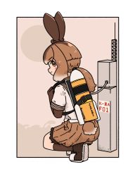 Rule 34 | 1girl, animal ears, blush, brown gloves, brown hair, brown skirt, brown socks, clothing cutout, commentary request, elbow gloves, gloves, highres, japanese hare (kemono friends), kemono friends, looking at viewer, looking back, pleated skirt, ponytail, rabbit ears, rabbit girl, rabbit tail, rocket, shirt, short hair, short sleeves, sidelocks, skirt, socks, solo, sorairo meronpan, squatting, tail, tail through clothes, white shirt