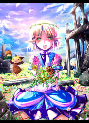 Rule 34 | 4girls, arm warmers, blonde hair, cirno, dress, female focus, flower, green eyes, kabutoyama, kisume, kurodani yamame, letterboxed, mizuhashi parsee, multiple girls, nature, outdoors, perfect cherry blossom, petals, plant, pointy ears, ruins, scarf, sky, touhou