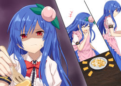 Rule 34 | +++, 1girl, apron, blue hair, blue skirt, bow, bowtie, closed eyes, commentary request, feeding, food, food-themed hair ornament, fork, from side, fruit, grimace, hair ornament, hand to own mouth, hinanawi tenshi, holding, holding fork, incoming food, long hair, no headwear, peach, peach hair ornament, pink apron, plate, pov, puffy short sleeves, puffy sleeves, red bow, red bowtie, red eyes, shaded face, shirt, short sleeves, skirt, solo, split screen, sugiyama ichirou, tearing up, touhou, very long hair, wavy mouth, white shirt