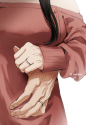 Rule 34 | baekmae, bare shoulders, black hair, breasts, couple, fingernails, hand focus, head out of frame, husband and wife, jewelry, off-shoulder sweater, off shoulder, red shirt, red sweater, ribbed sweater, ring, shirt, sidelocks, spy x family, sweater, twilight (spy x family), wedding band, wedding ring, yor briar
