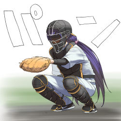 Rule 34 | 1girl, a1 (initial-g), baseball glove, baseball helmet, baseball jersey, baseball uniform, catcher, chest protector, commentary request, helmet, jersey, knee pads, long hair, love live!, love live! school idol project, low twintails, purple hair, shin guards, simple background, solo, sportswear, squatting, tojo nozomi, twintails, white background