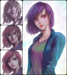 Rule 34 | 1girl, aqua shirt, commentary, david mccartney, english commentary, highres, lips, looking at viewer, open clothes, open shirt, parted lips, pink eyes, pink lips, purple hair, shirt, short hair, solo, speedpaint
