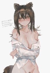 Rule 34 | 1girl, absurdres, animal ears, arknights, arms under breasts, blush, body freckles, breasts, brown eyes, brown hair, cleavage, closed mouth, collarbone, commentary, cowboy shot, crossed arms, ear piercing, embarrassed, female pubic hair, freckles, frown, grey background, hair between eyes, highres, kaguura (kagu), large breasts, long hair, looking at viewer, multicolored hair, naked shirt, navel, no panties, off shoulder, out-of-frame censoring, piercing, pubic hair, pubic hair peek, raccoon ears, raccoon girl, raccoon tail, robin (arknights), shirt, simple background, solo, standing, sweat, symbol-only commentary, tail, two-tone hair, white hair, white shirt