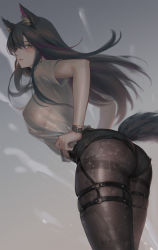 Rule 34 | 1girl, animal ear fluff, animal ears, arknights, ass, black hair, black pantyhose, blouse, blush, breasts, brown eyes, cowboy shot, hair between eyes, highres, jiam009, large breasts, long hair, looking at viewer, nipples, pantyhose, see-through, see-through shirt, shirt, short sleeves, skindentation, solo, standing, suggestive fluid, tail, texas (arknights), thighband pantyhose, thighs, wet, wet clothes, wet shirt, white shirt, wolf ears, wolf tail