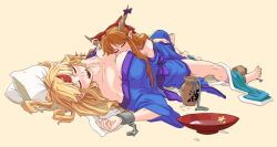 Rule 34 | 2girls, alcohol, barefoot, between breasts, blonde hair, blue kimono, bow, breasts, chain, closed eyes, commentary, cuffs, cup, english commentary, face between breasts, full body, grunt (tnurg), hair bow, head between breasts, horn bow, horn ornament, horns, hoshiguma yuugi, hoshiguma yuugi (kimono), ibuki suika, japanese clothes, jug (bottle), kimono, large breasts, long hair, multiple girls, off shoulder, official alternate costume, open mouth, orange hair, pillow, pointy ears, purple bow, red bow, sakazuki, sake, signature, simple background, single horn, sleeping, star (symbol), touhou, yellow background
