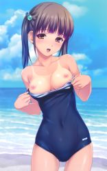 Rule 34 | 10s, 1girl, absurdres, beach, black hair, blush, breasts, brown eyes, clothes pull, competition school swimsuit, female focus, hair bobbles, hair ornament, highres, koutaro, long hair, nipples, ocean, one-piece swimsuit, one-piece swimsuit pull, one-piece tan, outdoors, scan, school swimsuit, small breasts, solo, suzukaze hotaru, swimsuit, tan, tanline, tropical kiss, twintails, undressing