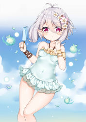Rule 34 | 1girl, absurdres, antenna hair, arlene (ju), bare shoulders, blue sky, blush, breasts, chestnut mouth, cloud, collarbone, commentary request, covered navel, day, flower, food, green one-piece swimsuit, hair between eyes, hair flower, hair ornament, hands up, highres, holding, holding food, kokkoro (princess connect!), kokkoro (summer) (princess connect!), looking at viewer, one-piece swimsuit, outdoors, parted lips, pink flower, pointy ears, popsicle, princess connect!, red eyes, see-through, silver hair, sky, small breasts, solo, swimsuit, thigh gap, white flower