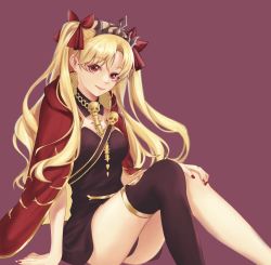 Rule 34 | 1girl, black leotard, black thighhighs, blonde hair, bow, breasts, cape, closed mouth, diadem, earrings, ereshkigal (fate), fate/grand order, fate (series), floating hair, hair between eyes, hair bow, hair intakes, highres, jewelry, leotard, long hair, looking at viewer, medium breasts, nail polish, oooosake, red background, red bow, red cape, red eyes, red nails, single thighhigh, sitting, smile, solo, thighhighs, twintails, very long hair