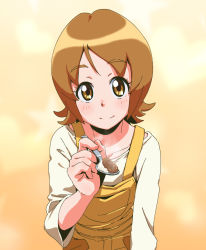 Rule 34 | 10s, 1girl, ammonio, blush, brown eyes, brown hair, curry, eyelashes, feeding, food, gradient background, happinesscharge precure!, happy, highres, incoming food, looking at viewer, oomori yuuko, overalls, pov, pov feeding, precure, shirt, short hair, smile, solo