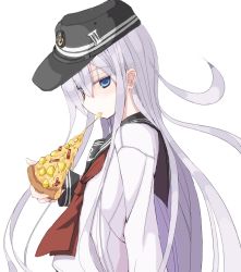 Rule 34 | 10s, 1girl, blue eyes, eating, flat cap, food, hat, hibiki (kancolle), holding, holding food, holding pizza, kantai collection, long hair, looking at viewer, mochiki, pizza, school uniform, serafuku, silver hair, solo, upper body, white background