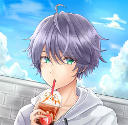 Rule 34 | 1boy, ahoge, blue sky, blush, brick wall, cloud, collarbone, commentary request, cup, day, drawstring, drinking straw, green eyes, hair between eyes, hand up, holding, holding cup, hood, hood down, hoodie, male focus, original, outdoors, purple hair, sky, solo, sunameri (pixiv3564245), upper body, white hoodie
