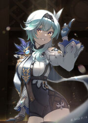 Rule 34 | 1girl, black gloves, black hairband, blue cape, blue gloves, blue hair, blue necktie, boots, breasts, cape, chest harness, clenched teeth, clothing cutout, cowboy shot, dark background, dated, eula (genshin impact), film grain, genshin impact, gloves, hair ornament, hairband, hand up, harness, high-waist shorts, highres, kuon iki, light particles, long sleeves, looking at viewer, medium breasts, medium hair, necktie, open mouth, shorts, shoulder cutout, side cape, smile, solo, spotlight, teeth, thigh boots, two-tone gloves, vision (genshin impact), white sleeves, wide sleeves, yellow eyes