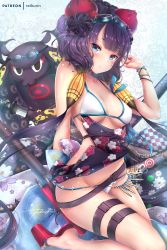 Rule 34 | 1girl, bead bracelet, beads, belt, bikini, blue background, blue eyes, blunt bangs, bracelet, breasts, closed mouth, fate/grand order, fate (series), goggles, goggles on head, hair ornament, holding, holding sword, holding weapon, jewelry, katana, katsushika hokusai (fate), katsushika hokusai (swimsuit saber) (fate), long hair, looking at viewer, medium breasts, octopus, patreon username, purple hair, rei kun, swimsuit, sword, thigh strap, tokitarou (fate), weapon, white bikini