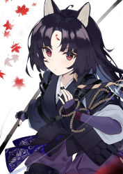 Rule 34 | 1girl, absurdres, ahoge, animal ears, arknights, black nails, commentary, dog ears, elbow gloves, facial mark, fingerless gloves, forehead mark, gloves, highres, holding naginata, infection monitor (arknights), leaf, long hair, looking at viewer, maple leaf, nail polish, pants, purple eyes, purple gloves, purple hair, purple pants, purple shirt, saga (arknights), shirt, solo, torry912, upper body, white background, wristband