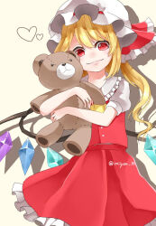 Rule 34 | 1girl, blonde hair, closed mouth, crystal, flandre scarlet, frilled skirt, frills, heart, highres, holding, holding stuffed toy, light smile, long hair, looking at viewer, mixed-language commentary, miyangoroge, multicolored wings, pawoo username, puffy short sleeves, puffy sleeves, red eyes, red skirt, red vest, shirt, short sleeves, simple background, skirt, skirt set, solo, stuffed animal, stuffed toy, teddy bear, touhou, vest, white background, white headwear, white shirt, wings
