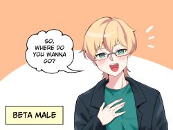 Rule 34 | 1boy, black jacket, blonde hair, blush, comic, english text, glasses, green shirt, hand on own chest, highres, jacket, looking at viewer, male focus, merryweather, original, rayno, shirt, solo, speech bubble, upper body