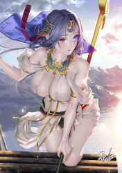 Rule 34 | 1girl, ankh, armlet, bare shoulders, breasts, cleavage, cloud, cloudy sky, collarbone, commentary request, dated, day, dress, egyptian, egyptian clothes, eyelashes, facial mark, forehead jewel, forehead mark, heterochromia, highres, large breasts, long hair, navel, original, outdoors, parted bangs, parted lips, purple hair, reflection, rock, ryuki@maguro-ex, signature, skindentation, sky, solo, stomach, tiara, water