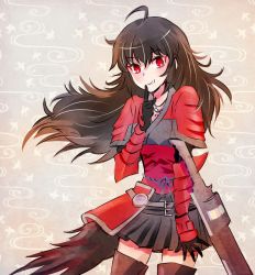 Rule 34 | 1girl, black hair, black skirt, commentary request, finger to mouth, grin, iesupa, mature female, raven branwen, red eyes, rwby, skirt, smile, solo, translation request