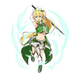 Rule 34 | 1girl, armpits, arms up, blonde hair, breasts, cleavage, crop top, detached sleeves, floating hair, full body, green eyes, hair ornament, high ponytail, holding, holding sword, holding weapon, large breasts, leafa, long hair, looking at viewer, midriff, navel, open mouth, ponytail, solo, stomach, sword, sword art online, sword art online: hollow realization, sword art online: memory defrag, transparent background, very long hair, weapon, white legwear