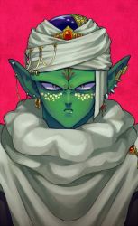 Rule 34 | 1boy, cape, close-up, colored skin, commentary request, diadem, dragon ball, dragonball z, earrings, expressionless, facepaint, frown, green skin, jewelry, looking at viewer, male focus, piccolo, pink background, pointy ears, portrait, serious, shaded face, simple background, solo, standing, turban