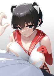 Rule 34 | 1boy, 1girl, absurdres, animal ears, black hair, blue archive, blush, breast press, breasts, cleavage, collarbone, cross-laced clothes, elbow gloves, extra ears, fangfangtu, gloves, hetero, highres, large breasts, looking at viewer, pov, pov hands, raccoon ears, red gloves, sailor collar, sensei (blue archive), short hair, sideboob, sideless outfit, simple background, smile, tsubaki (blue archive)