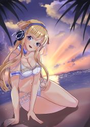 Rule 34 | 1girl, :d, beach, bikini, blonde hair, blue hairband, breasts, cleavage, come2traveling, double bun, fletcher (kancolle), hair bun, hairband, headphones, highres, kantai collection, large breasts, long hair, looking at viewer, navel, official alternate costume, open mouth, purple eyes, smile, solo, sunset, swimsuit, white bikini