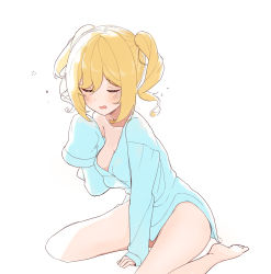 Rule 34 | 1girl, barbara (genshin impact), barefoot, blue pajamas, blush, breasts, drill hair, closed eyes, feet, genshin impact, highres, long sleeves, lovelyme, off shoulder, open mouth, pajamas, solo, toes, twin drills, twintails, waking up