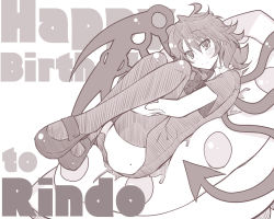Rule 34 | 1girl, asymmetrical wings, birthday, bow, female focus, happy birthday, houjuu nue, hugging own legs, legs, mary janes, monochrome, rondo umigame, shoes, smile, solo, thighhighs, touhou, ufo, wings, zettai ryouiki
