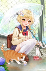 Rule 34 | 1girl, animal, artist name, backpack, bag, blonde hair, blush, bow, brown bag, brown footwear, can, canned food, cat, chain-link fence, fence, flower, fukuro daizi, full body, genshin impact, hair flower, hair ornament, highres, holding, holding umbrella, hydrangea, long sleeves, looking at viewer, lumine (genshin impact), open mouth, outdoors, pleated skirt, purple skirt, rain, red bow, school uniform, shoes, short hair, signature, skirt, smile, squatting, thighhighs, transparent, transparent umbrella, umbrella, uniform, white thighhighs, yellow eyes
