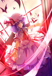 Rule 34 | 1girl, baisi shaonian, bat (animal), bat wings, blue hair, dress, fangs, female focus, full moon, haraguroi you, hat, hat ribbon, highres, moon, night, outstretched arms, puffy sleeves, red eyes, red moon, remilia scarlet, ribbon, short hair, short sleeves, smile, solo, touhou, window, wings, wrist cuffs