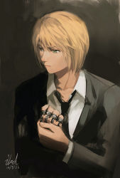 Rule 34 | 1boy, alternate costume, bad id, bad pixiv id, black background, blonde hair, fancybetty, formal, green eyes, hunter x hunter, jewelry, kurapika, looking away, male focus, necktie, ring, serious, short hair, signature, solo, suit