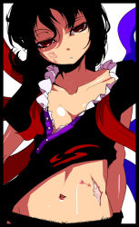 Rule 34 | 1girl, black hair, black panties, female focus, houjuu nue, midriff, navel, open clothes, open shirt, oso (toolate), panties, red eyes, scar, shirt, short hair, simple background, solo, touhou, underwear, white background