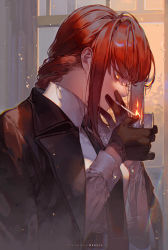 Rule 34 | 1girl, artist name, black gloves, black jacket, black necktie, chainsaw man, cigarette, commentary request, fire, fire, from side, gloves, holding, holding cigarette, holding lighter, jacket, jacket on shoulders, kawacy, lighter, lighting cigarette, long hair, long sleeves, makima (chainsaw man), necktie, orange eyes, profile, red hair, solo, upper body, window