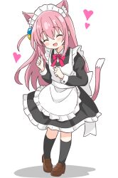 Rule 34 | 1girl, animal ears, apron, blush, bocchi the rock!, cat ears, cat girl, cat tail, closed eyes, dress, frilled dress, frills, full body, gotoh hitori, heart, highres, kotatsu-mazoku, loafers, long hair, long sleeves, maid, maid headdress, neck ribbon, one side up, open mouth, ribbon, shoes, smile, socks, solo, tail, very long hair