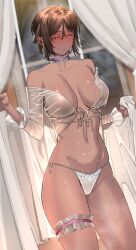 Rule 34 | 1girl, absurdres, averting eyes, bikini, breasts, breasts apart, bridal garter, choker, commentary request, dark-skinned female, dark skin, frilled choker, frills, highres, indoors, korean commentary, large breasts, limbus company, navel, outis (project moon), panties, project moon, rhlatm, see-through, short hair, side-tie bikini bottom, solo, steaming body, stomach, string panties, sweat, swimsuit, underwear, underwear only, white panties