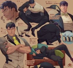 Rule 34 | 1boy, absurdres, animal, aqua eyes, back, bara, bird, black footwear, black hair, black jacket, black pants, bow, bowtie, bursting pectorals, closed eyes, closed mouth, couch, crossed arms, flying button, grey shirt, highres, jacket, large pectorals, looking at viewer, lying, male focus, muscular, muscular male, on couch, on side, open clothes, open jacket, original, pants, pectorals, penguin, pillow, popped button, shirt, short hair, sleeves rolled up, squatting, teeth, translation request, ueno kishi, vest, white shirt, white vest