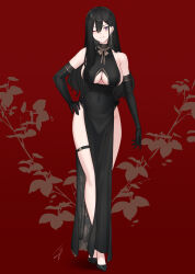 Rule 34 | 1girl, bare shoulders, black dress, black footwear, black gloves, black hair, blush, breasts, classy-black-haired girl (hayabusa), closed mouth, clothing cutout, commentary, covered navel, dress, earrings, elbow gloves, floral background, floral print, full body, gloves, hand on own hip, hayabusa (vert 320), highres, jewelry, large breasts, legband, long hair, looking at viewer, mole, mole on breast, mole under eye, mole under mouth, one eye closed, original, pelvic curtain, purple eyes, red background, sideboob, signature, smile, solo, standing, symbol-only commentary, thigh strap, thighs