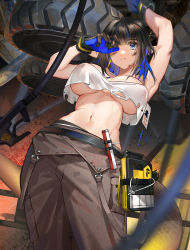 Rule 34 | 1girl, ;(, arknights, armpits, arms up, belt, black gloves, black hair, blue eyes, blue gloves, blue hair, blunt bangs, breasts, brown pants, closed mouth, cowboy shot, crop top, dirty, dirty face, eunectes (arknights), eunectes (forgemaster) (arknights), feihuanjiang, from below, gloves, highres, large breasts, looking at viewer, navel, official alternate costume, pants, pointing, short hair, snake tail, solo, stomach, sweat, tail, two-tone gloves, underboob, wheel