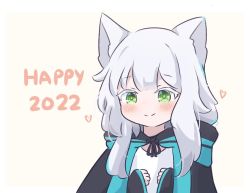 Rule 34 | 1girl, animal ears, arknights, black cape, blush, cape, cat ears, closed mouth, green eyes, happy new year, heart, kurotofu, long hair, looking at viewer, new year, rosmontis (arknights), silver hair, simple background, smile, solo, upper body, white background