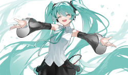 Rule 34 | 1girl, absurdres, aqua bow, aqua bowtie, aqua hair, black skirt, black sleeves, bow, bowtie, breasts, closed eyes, commentary, detached sleeves, hatsune miku, heart, highres, jiu ye sang, long hair, number tattoo, open mouth, outstretched arms, shirt, shoulder tattoo, skirt, small breasts, smile, solo, spread arms, swept bangs, tattoo, teeth, twintails, upper teeth only, very long hair, vocaloid, white shirt