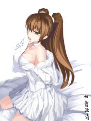 Rule 34 | 10s, 1girl, 463 jun, bare shoulders, bed, breasts, brown eyes, brown hair, capelet, dress, elbow gloves, gloves, jewelry, kneeling, large breasts, licking, long hair, necklace, off shoulder, ogiso setsuna, open clothes, open vest, penis, solo focus, strapless, strapless dress, tongue, tongue out, two side up, vest, white album (series), white album 2, white dress, white gloves