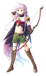 Rule 34 | 1girl, alexmaster, arm behind head, armor, armored boots, arrow (projectile), belt, blue eyes, boots, bow, bow (weapon), breastplate, breasts, brown footwear, cape, closed mouth, collarbone, ears visible through hair, full body, gloves, hair between eyes, hair bow, highres, ia (vocaloid), knee boots, leather, leather gloves, long hair, looking at viewer, medium breasts, midriff, navel, pink hair, shorts, shoulder armor, simple background, standing, stomach, vocaloid, weapon, white background