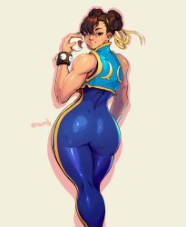 1girl, absurdres, ass, bare shoulders, bodysuit, brown eyes, capcom, chun-li, highres, huge ass, leotard, lips, looking at viewer, looking back, meat bun, relusionh, sleeveless, solo, solo focus, street fighter, street fighter zero (series), studded bracelet